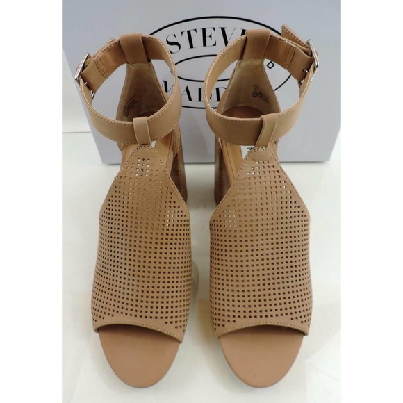 Steve Madden Sawyer Block Heel Sandals Perforated Leather Tan Nubuck Size 9.5 - Picture 4 of 7